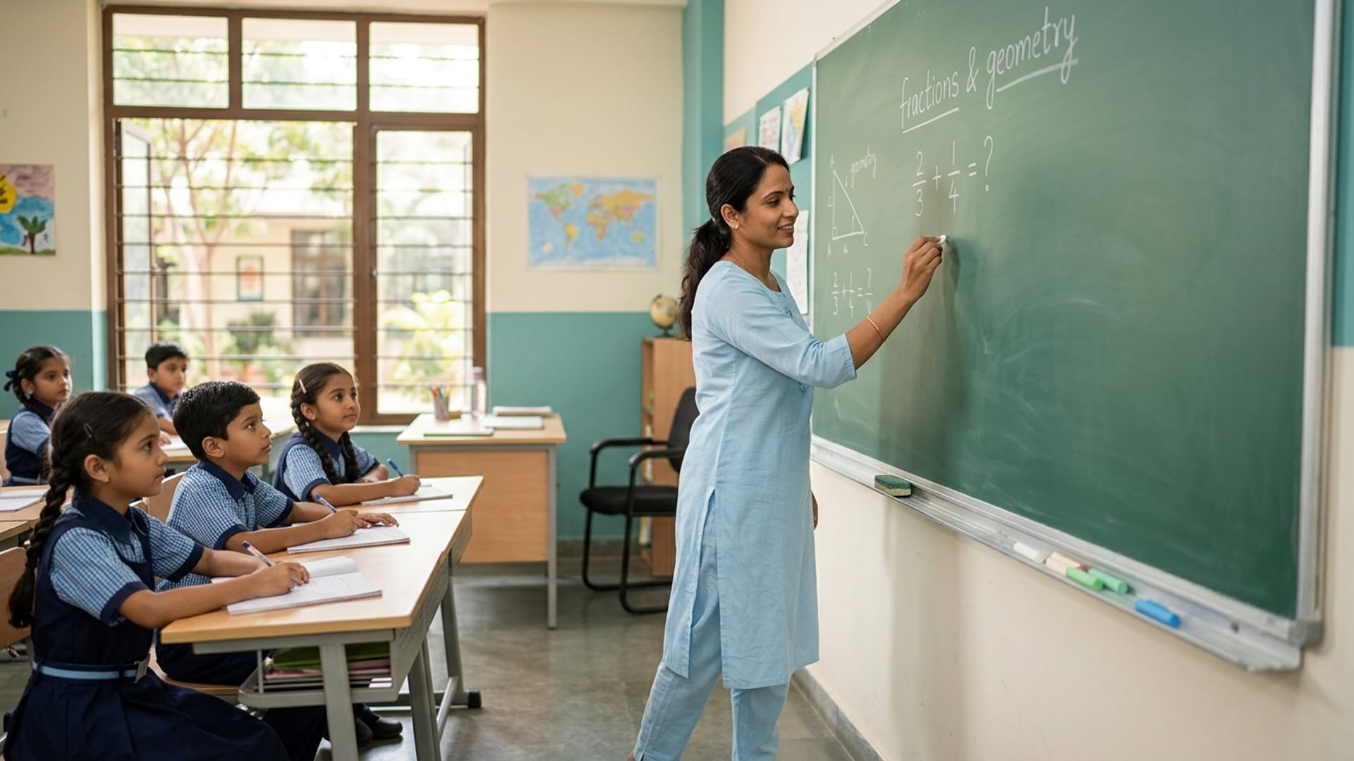 Teacher writing on a green chalkboard while students learn in a bright classroom